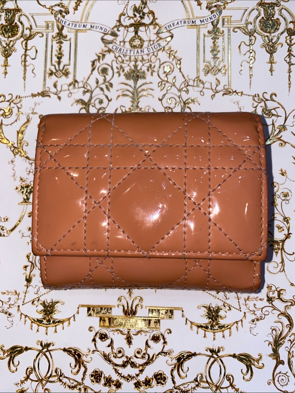 Lady Dior Lotus Quilted Patent Leather Cannage Wallet in Peachy Pink